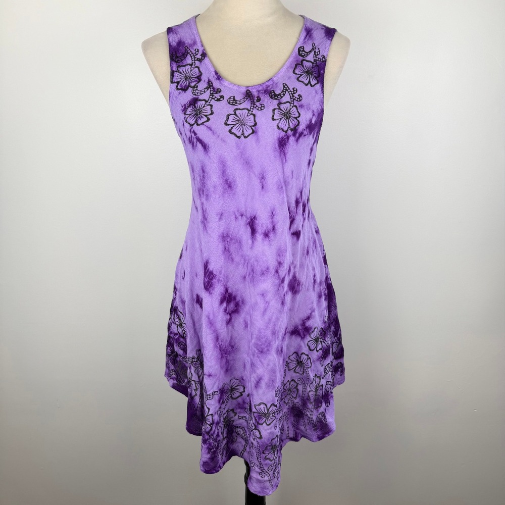 Boutique Purple Tie Dye Floral Print Handkerchief Hem Viscose Boho Hippie Dress